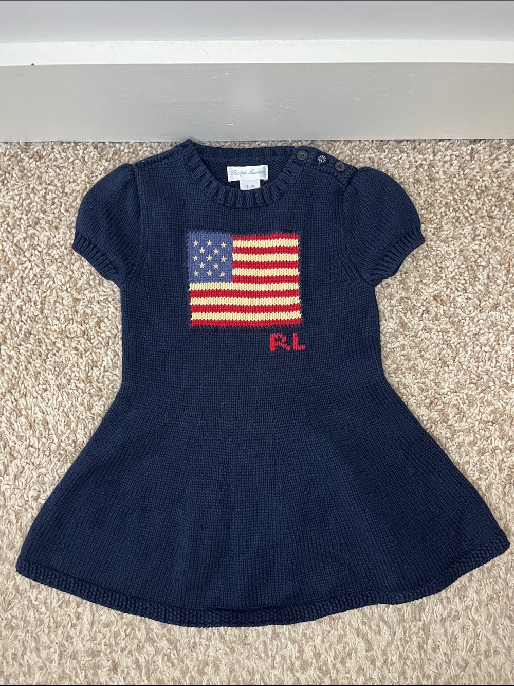 Baby Girl Ralph Lauren Navy Knit Dress with Flag Motif - Size 9-12 Months